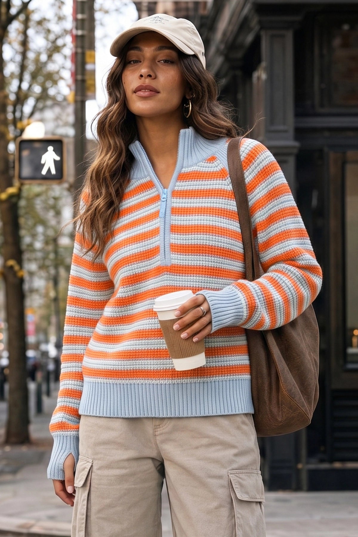 Half Zip Striped Pullover Ribbed Knit Tops - Fisoew