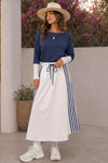 Long Sleeve Striped Drawstring Maxi Dresses