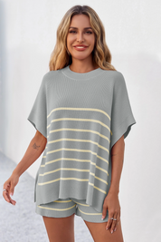 Fisoew Women's Light Grey Striped Oversized Lounge Short Sets - Fisoew