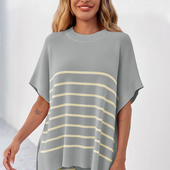 Fisoew Women's Light Grey Striped Oversized Lounge Short Sets - Fisoew