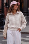 Plaid Print Lapel Neck Crop Sweatshirts