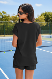 Fisoew Women's Black V Neck 2 Piece Casual Outfits - Fisoew