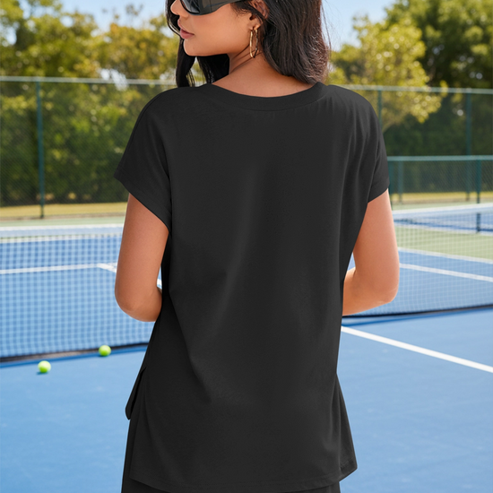 Fisoew Women's Black V Neck 2 Piece Casual Outfits - Fisoew