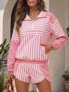 Striped Half-Zip Long Sleeve Tops With Short Sets
