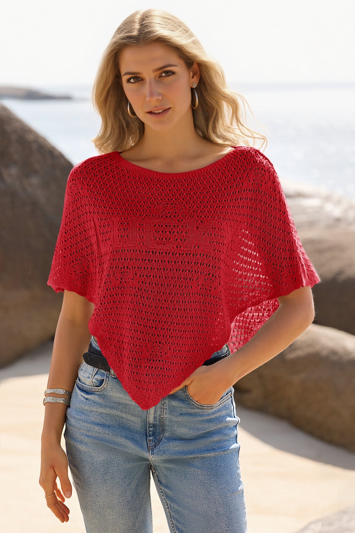 Fisoew Women's Red Sheer Shawl Boho Crochet Cover Ups - Fisoew