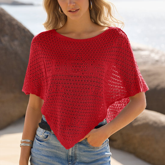 Fisoew Women's Red Sheer Shawl Boho Crochet Cover Ups - Fisoew