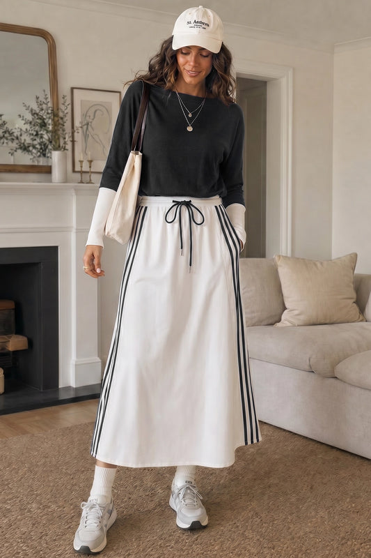 Long Sleeve Striped Drawstring Maxi Dresses - Fisoew