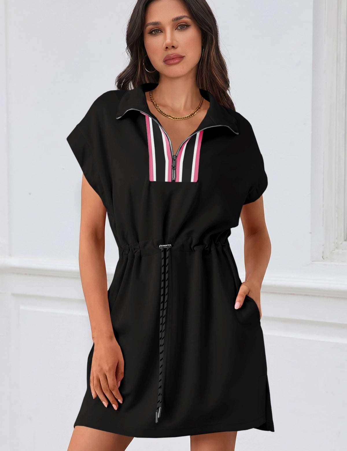 Fisoew Women's Black Short Sleeve V Neck Casual Mini Dresses - Fisoew