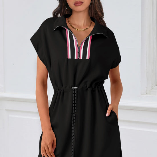 Fisoew Women's Black Short Sleeve V Neck Casual Mini Dresses - Fisoew