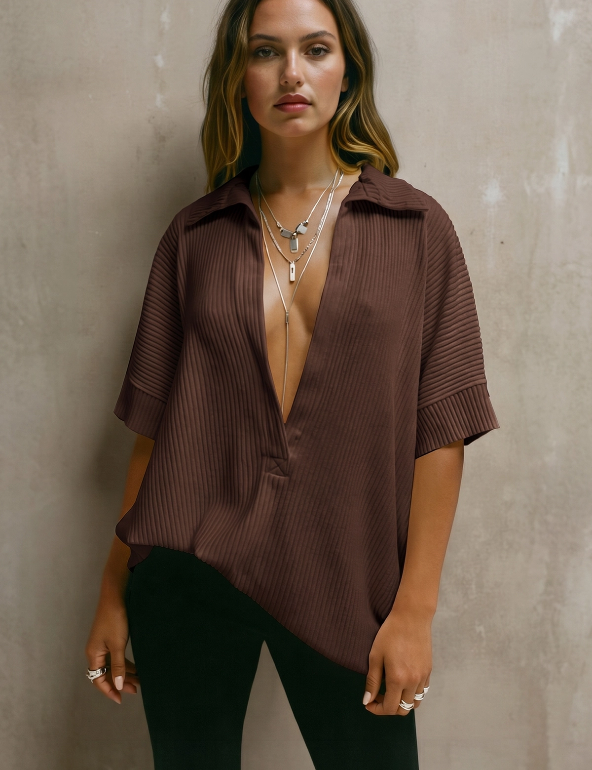 Fisoew Women's Brown Oversized Deep V Neck Sweatshirts - Fisoew