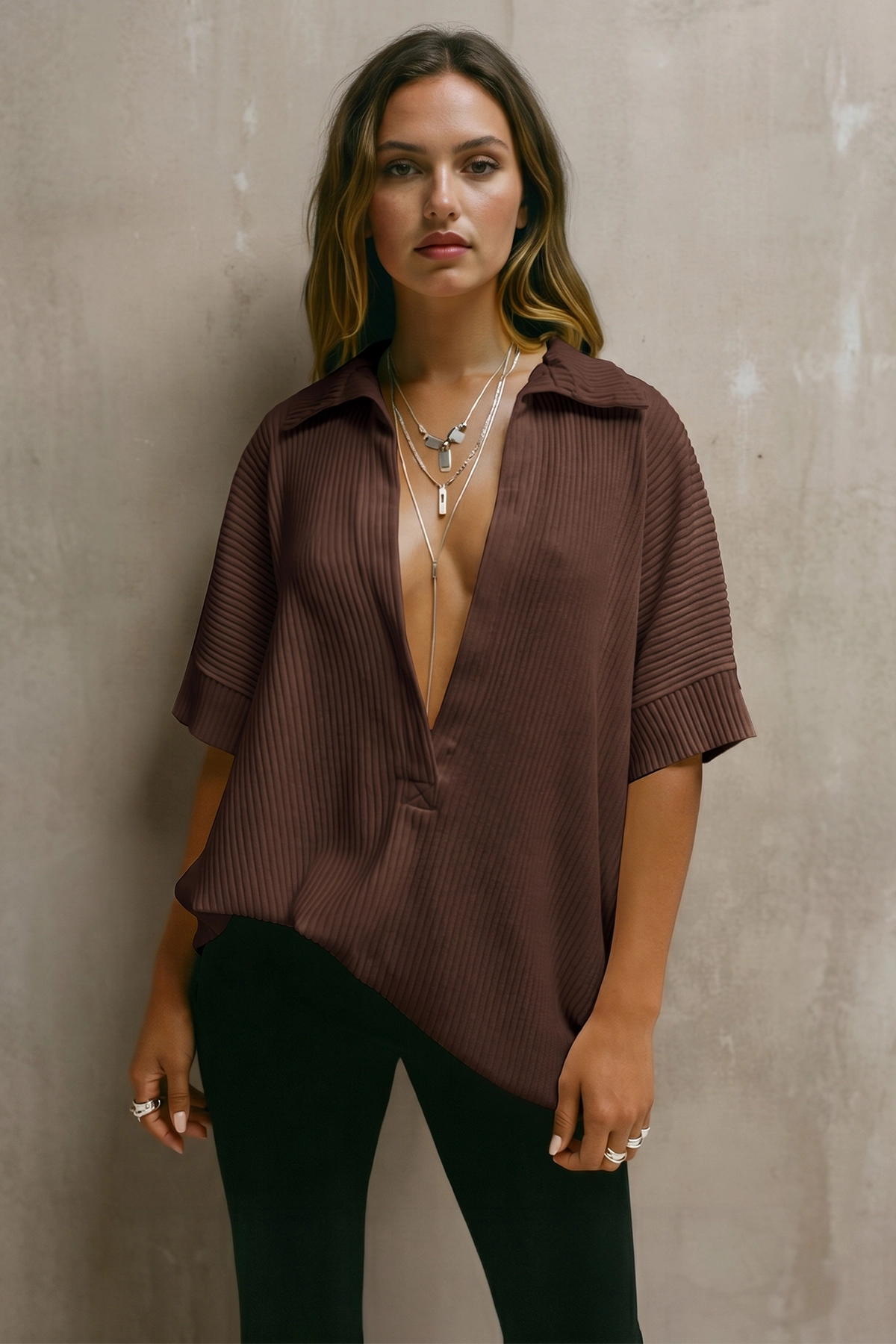 Fisoew Women's Brown Oversized Deep V Neck Sweatshirts