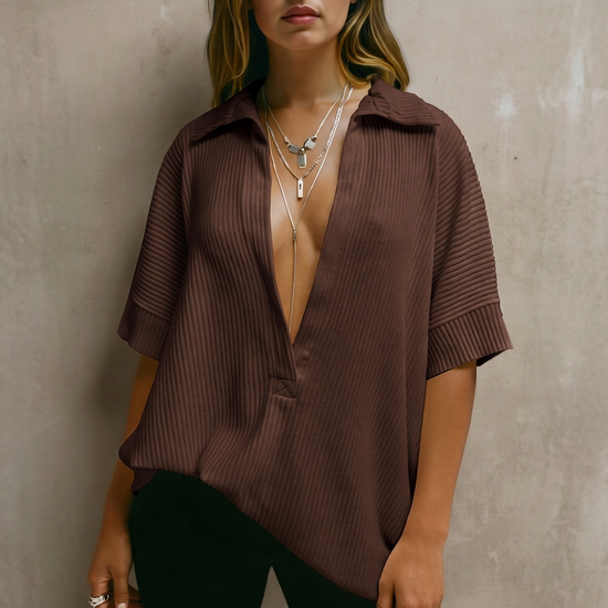 Fisoew Women's Brown Oversized Deep V Neck Sweatshirts - Fisoew
