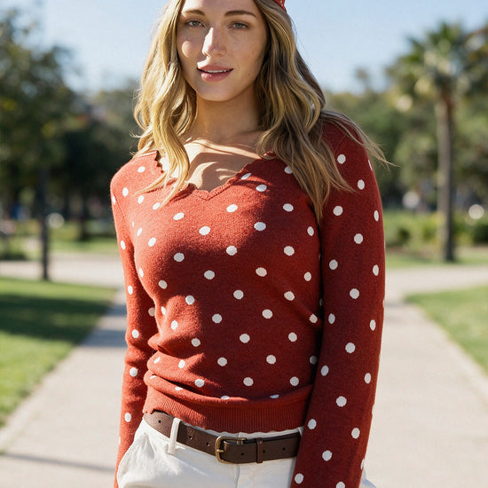 Polka Dot Slim Fit Knit Long Sleeve Tops - Fisoew