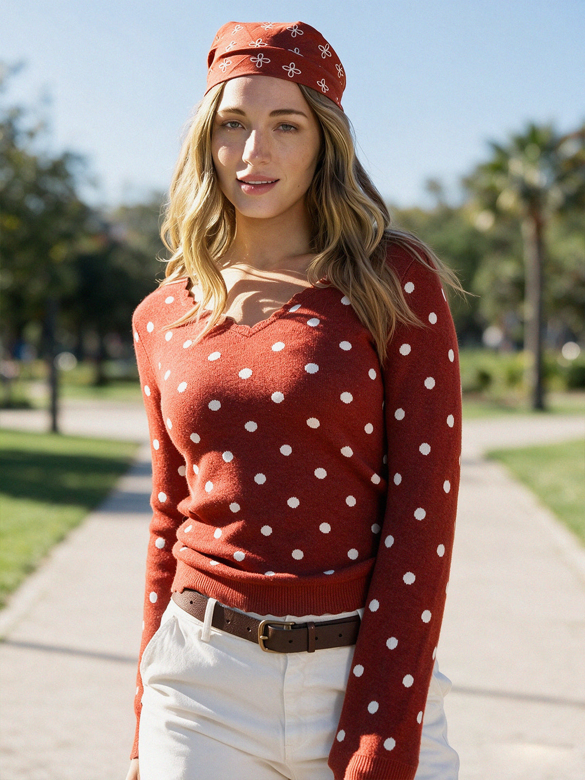 Polka Dot Slim Fit Knit Long Sleeve Tops - Fisoew