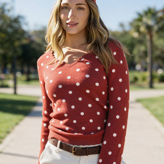 Polka Dot Slim Fit Knit Long Sleeve Tops - Fisoew