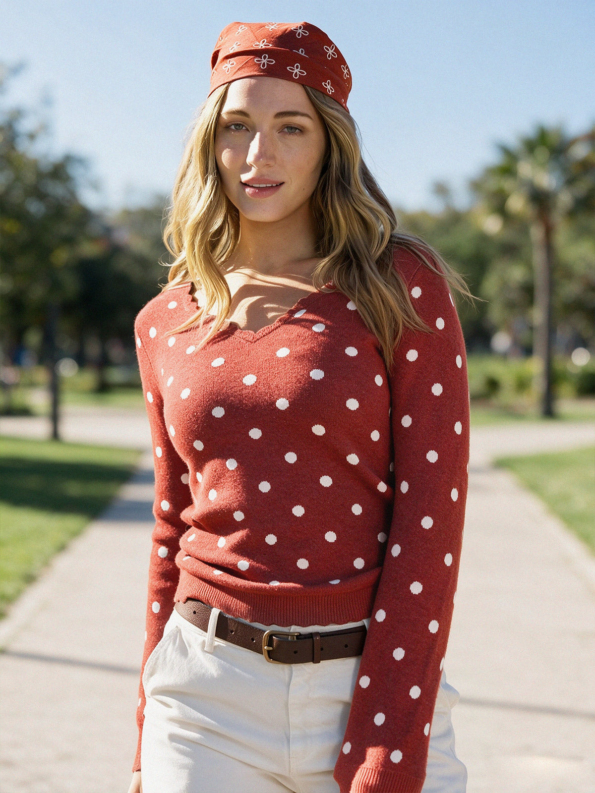 Polka Dot Slim Fit Knit Long Sleeve Tops - Fisoew