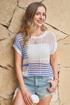 Fisoew Women's Blue Striped Crochet Short Sleeve Sweater Vest Tops - Fisoew