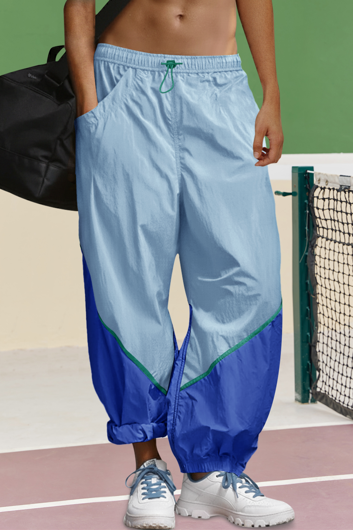 Womens Blue Elastic Waist Color Block Pants Fisoew - Fisoew