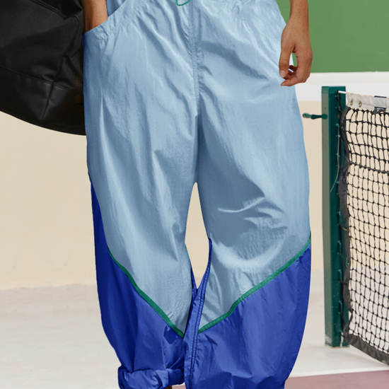 Womens Blue Elastic Waist Color Block Pants Fisoew - Fisoew