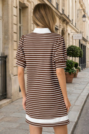 Fisoew Women's Brown Casual Short Puff SleeveT Shirt Mini Dress - Fisoew