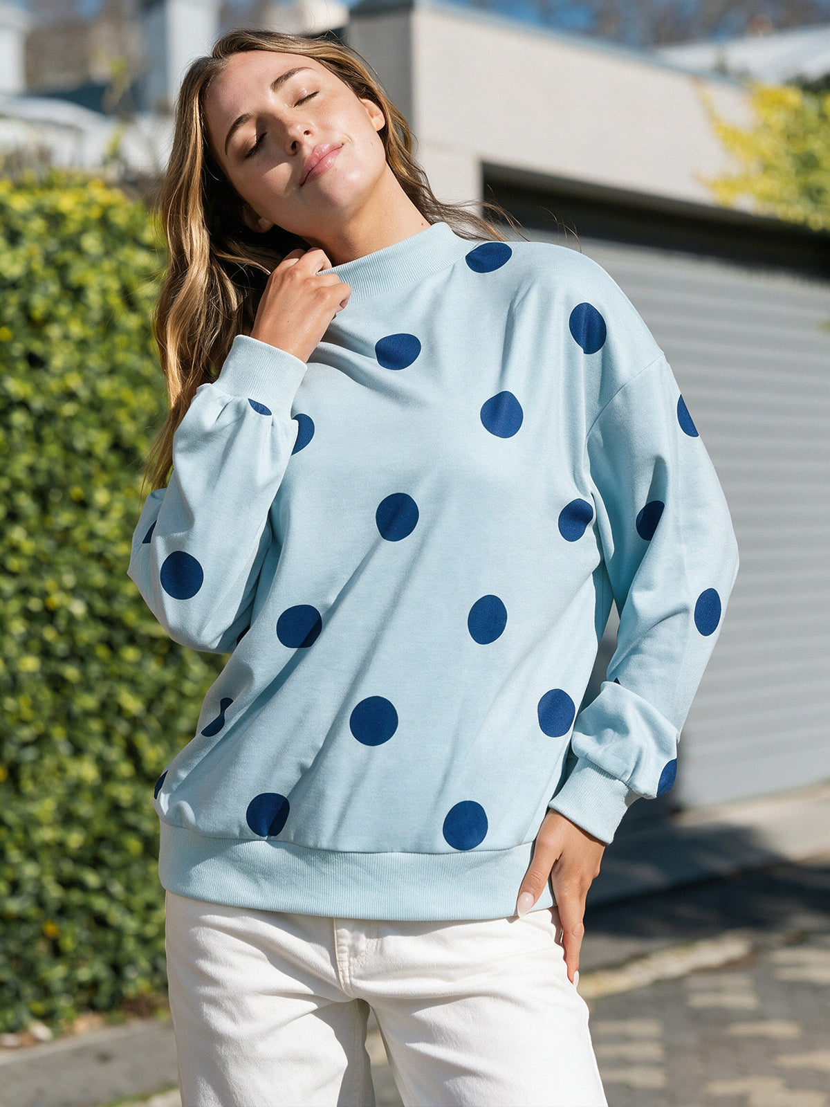 Mock Neck Long Sleeve Polka Dot Sweatshirts - Fisoew