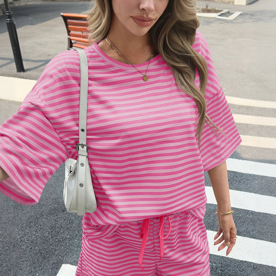 Womens Pink Striped Short Sets 2 Piece Fisoew - Fisoew