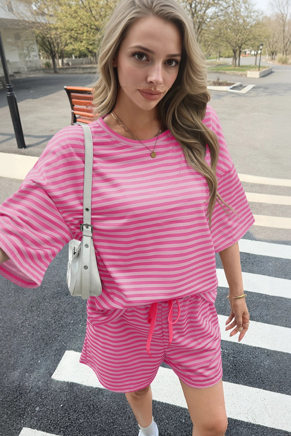Womens Pink Striped Short Sets 2 Piece Fisoew - Fisoew