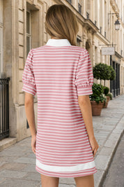 Fisoew Women's Pink Casual Short Puff SleeveT Shirt Mini Dress - Fisoew