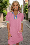 Fisoew Women‘s Pink Summer Puff Short Sleeve Mini Dress - Fisoew