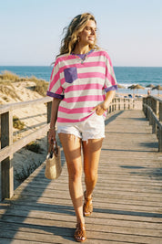 Fisoew Women's Pink 2026 Summer Color Block Striped T-Shirts - Fisoew