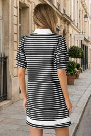 Fisoew Women's Black Casual Short Puff SleeveT Shirt Mini Dress - Fisoew