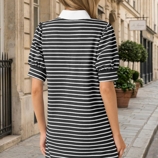 Fisoew Women's Black Casual Short Puff SleeveT Shirt Mini Dress - Fisoew