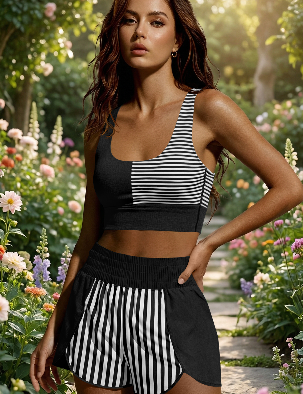 Womens Black 2Pcs Striped Workout Set Fisoew - Fisoew