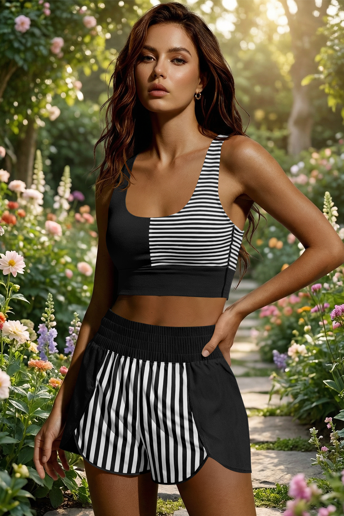 Womens Black 2Pcs Striped Workout Set Fisoew - Fisoew