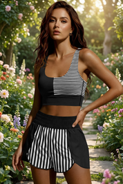 Womens Black 2Pcs Striped Workout Set Fisoew - Fisoew