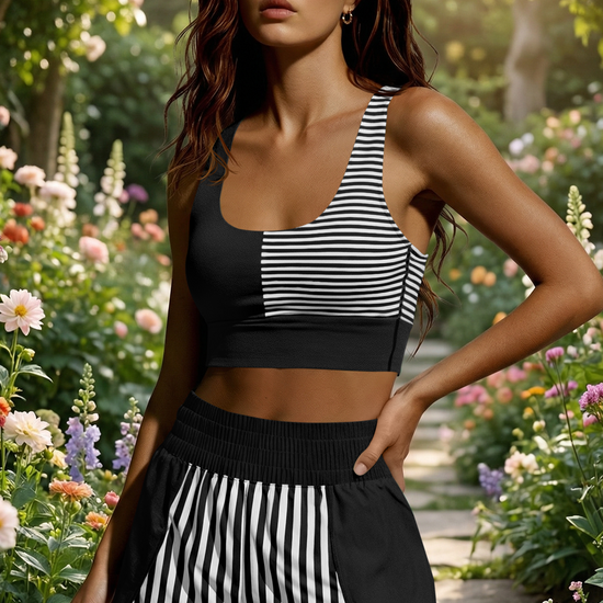 Womens Black 2Pcs Striped Workout Set Fisoew - Fisoew