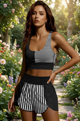 Womens Black 2Pcs Striped Workout Set Fisoew