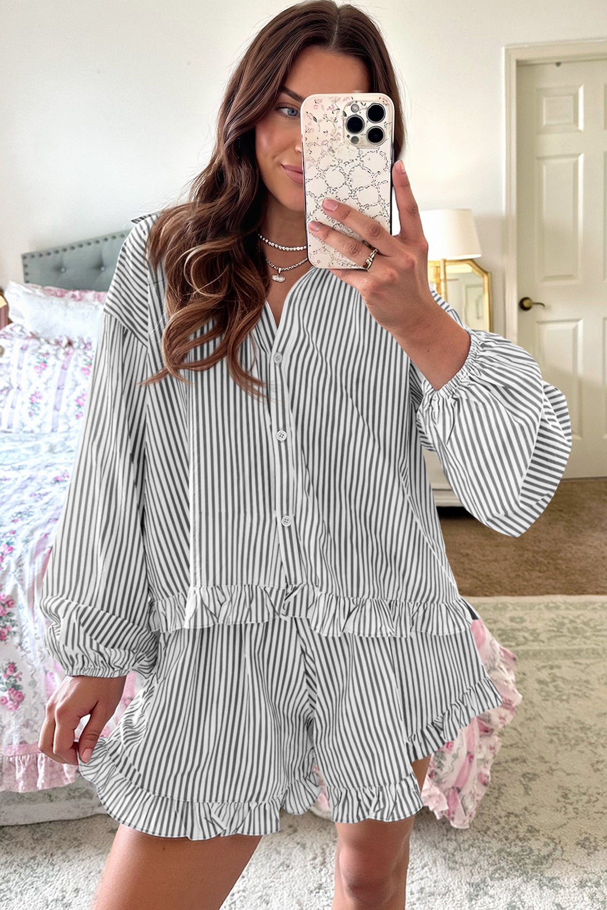 Womens Black Stripe 2Pcs Ruffle Shorts Pajama Set  Fisoew