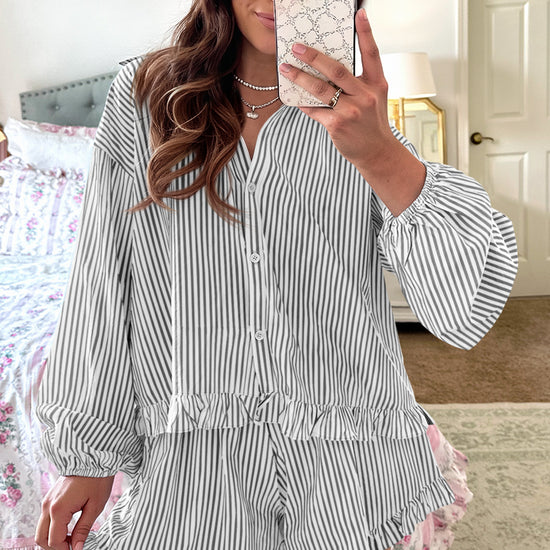 Womens Black Stripe 2Pcs Ruffle Shorts Pajama Set  Fisoew - Fisoew