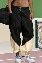 Womens Black Elastic Waist Color Block Pants Fisoew - Fisoew