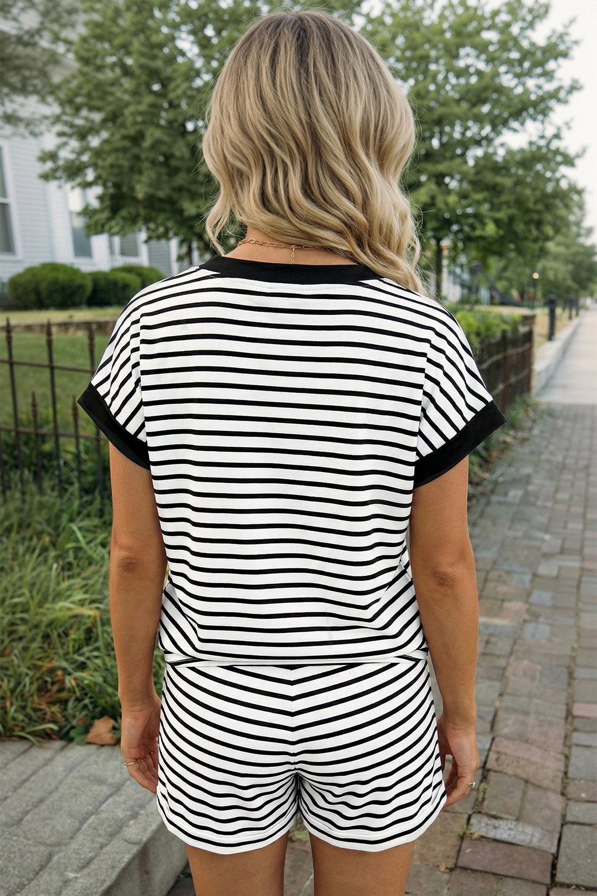 Fisoew Women's Black Striped Casual Workout 2 Piece Outfits - Fisoew