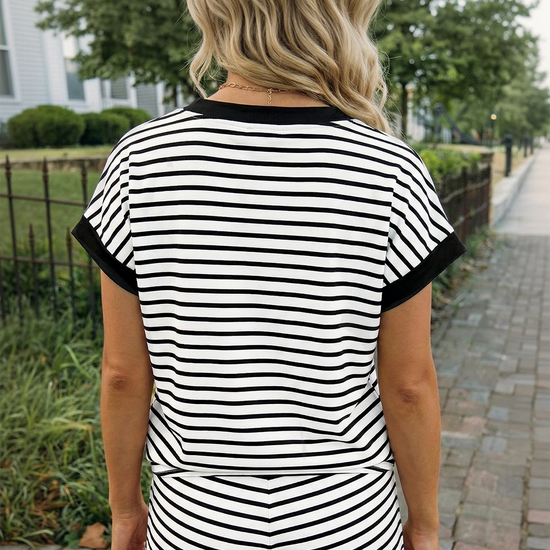 Fisoew Women's Black Striped Casual Workout 2 Piece Outfits - Fisoew