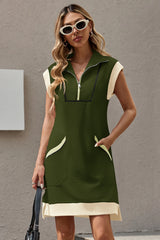 Womens Army Green Half-Zip Contrast Casual Mini Dress Fisoew