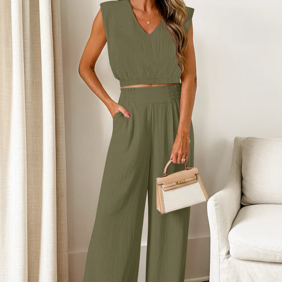 Fisoew Women's Army Green Linen Lounge 2 Piece Outfits - Fisoew
