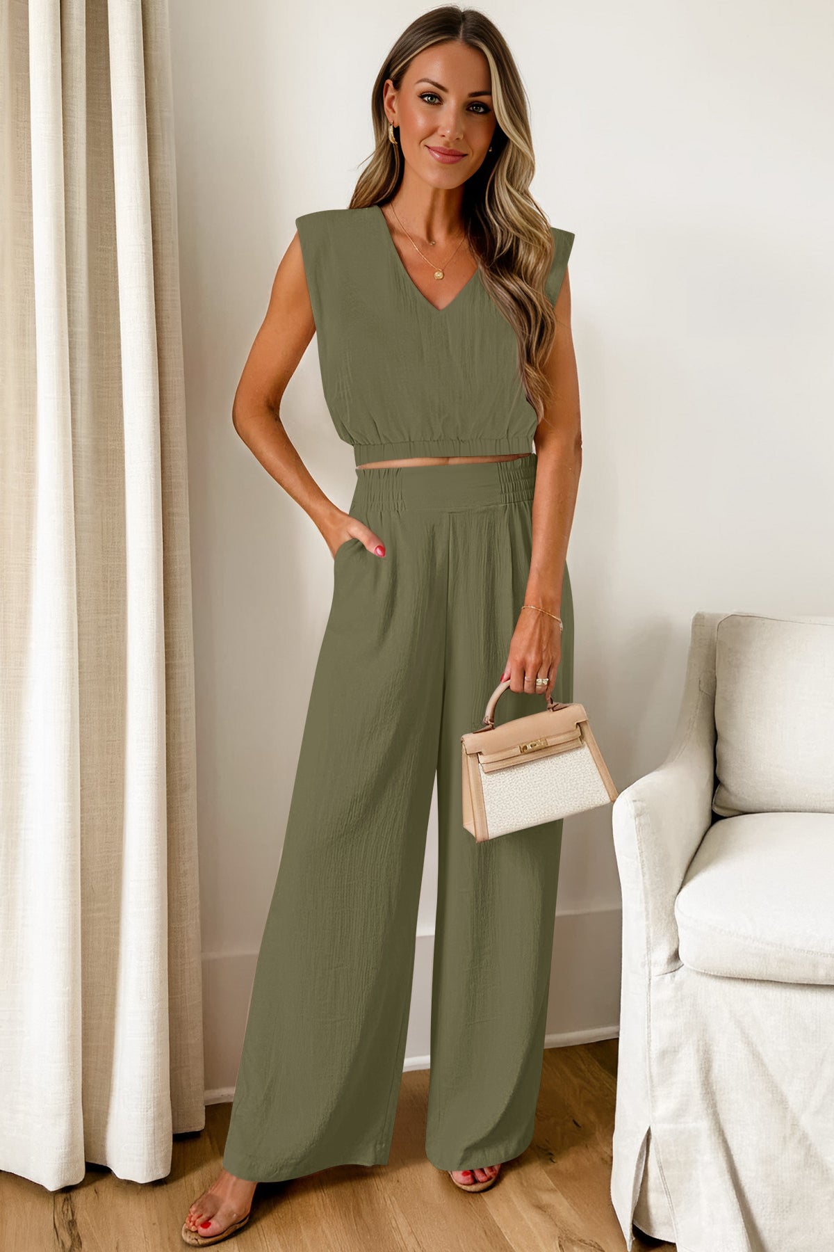 Fisoew Women's Army Green Linen Lounge 2 Piece Outfits - Fisoew