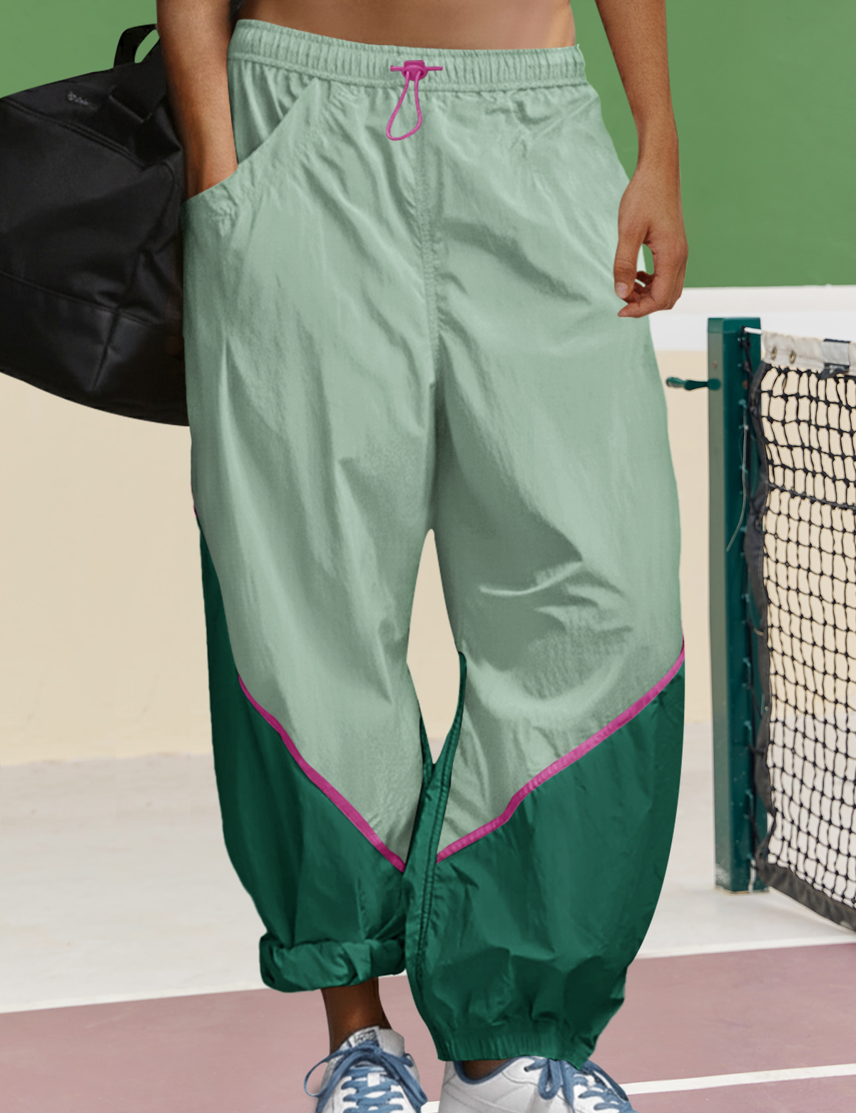 Womens Green Elastic Waist Color Block Pants Fisoew - Fisoew