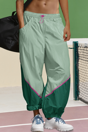 Womens Green Elastic Waist Color Block Pants Fisoew - Fisoew
