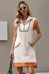 Womens Beige Half-Zip Contrast Casual Mini Dress Fisoew - Fisoew