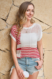 Fisoew Women's Red Striped Crochet Short Sleeve Sweater Vest Tops - Fisoew