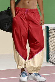 Womens Red Elastic Waist Color Block Pants Fisoew
